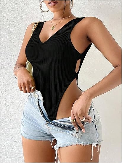 Women's Cut Out Tank Sexy High Cut Knitted Bodysuit